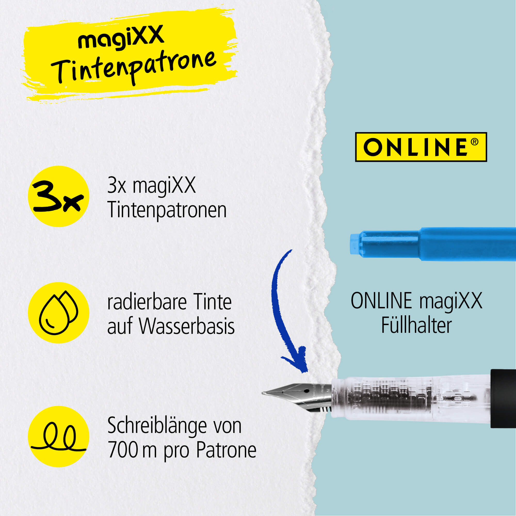 3x radierbare Tintenpatronen für magiXX Füllhalter, blauschreibend