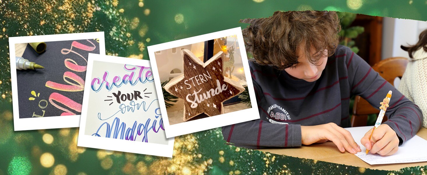 Adventskalender Magic, Junge schreibt mit Gelschreiber, drei Bastelanwendungen im Polaroidstil