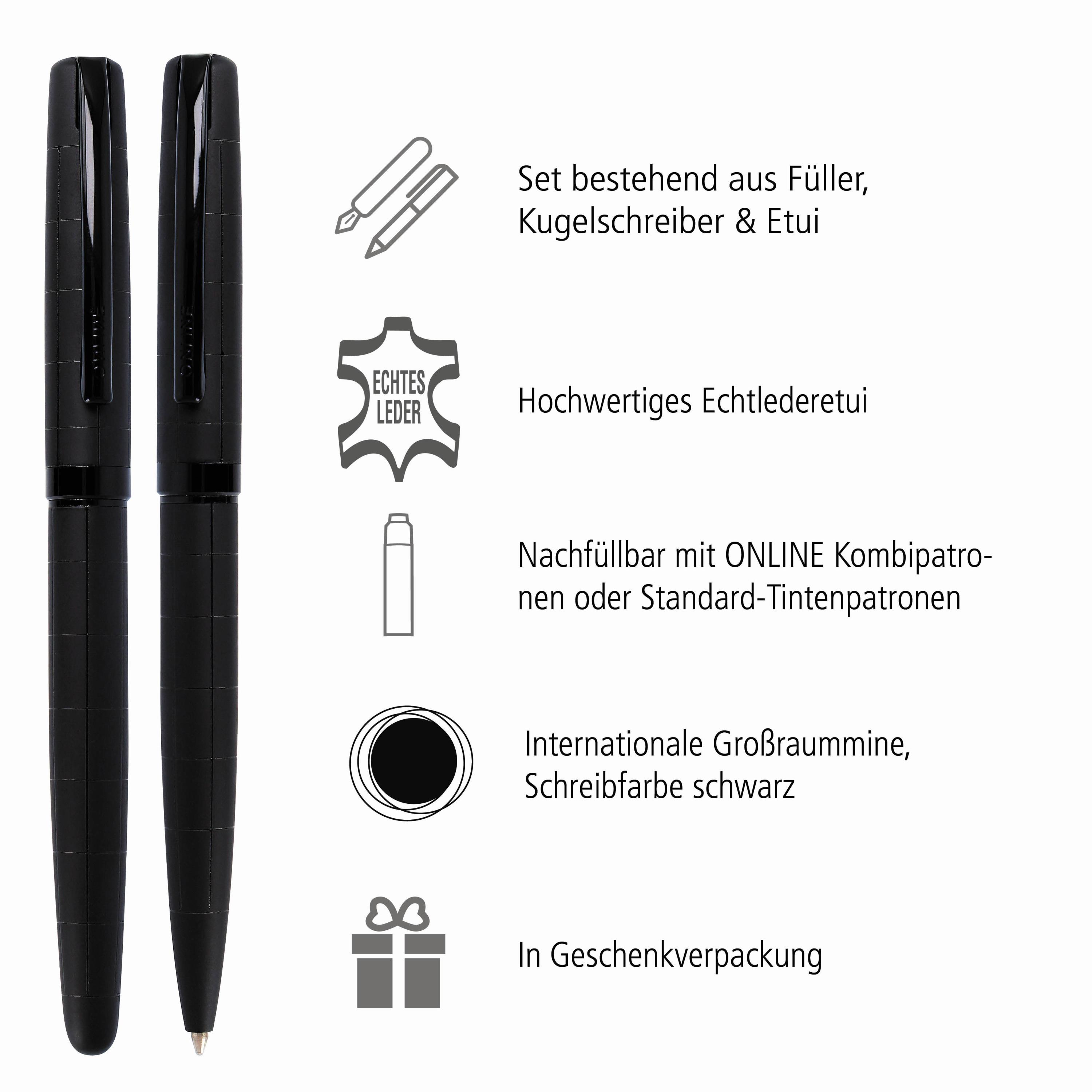 Eleganza Füller & Kugelschreiber Black, inkl. Lederetui in Geschenkbox
