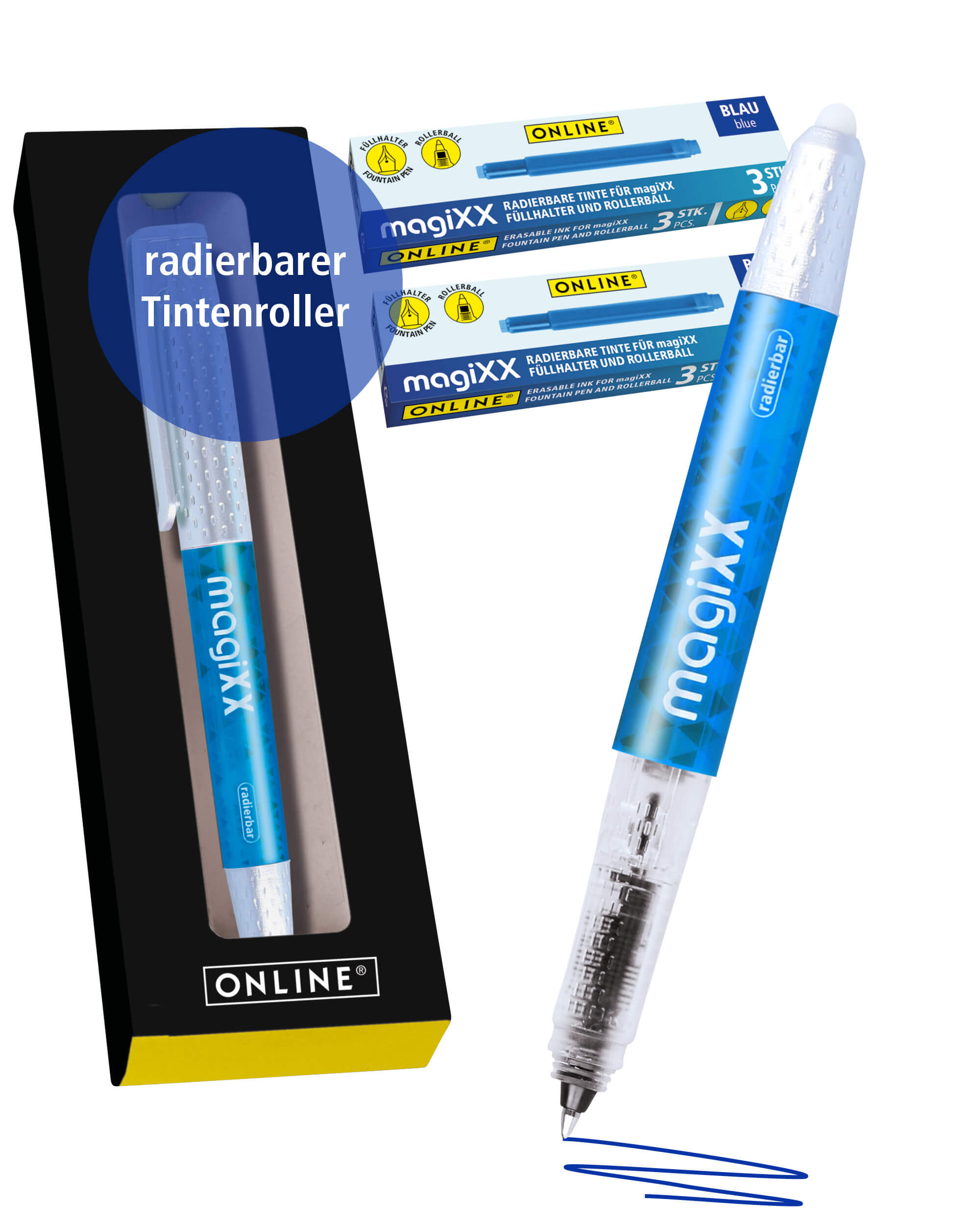 Radierbarer Patronenrollerball ONLINE magiXX Blue inkl. Tintenpatronen