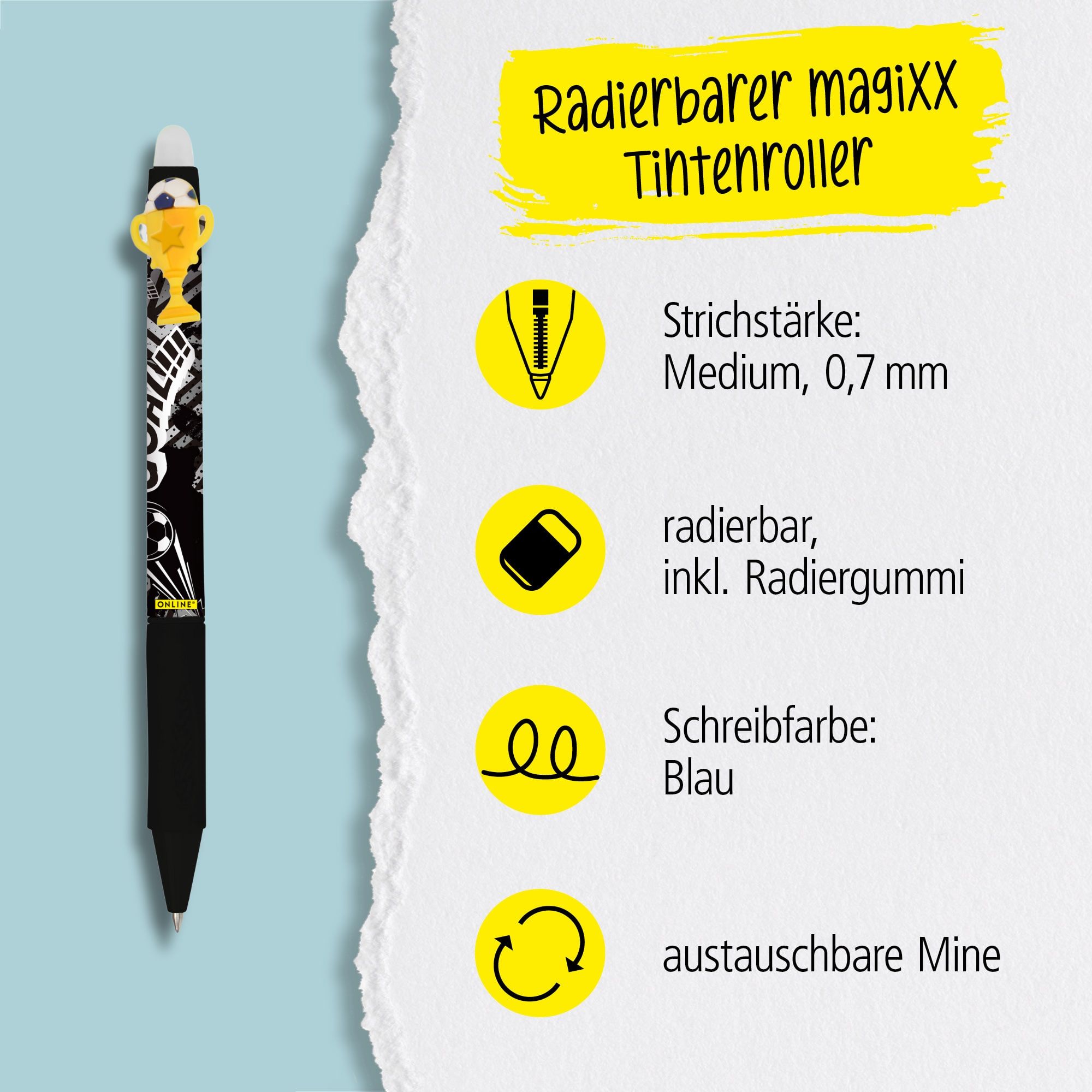 Eine austauschbare Mine und radierbare Tinte in der Schreibfarbe Blau zeichnet unsere magiXX aus