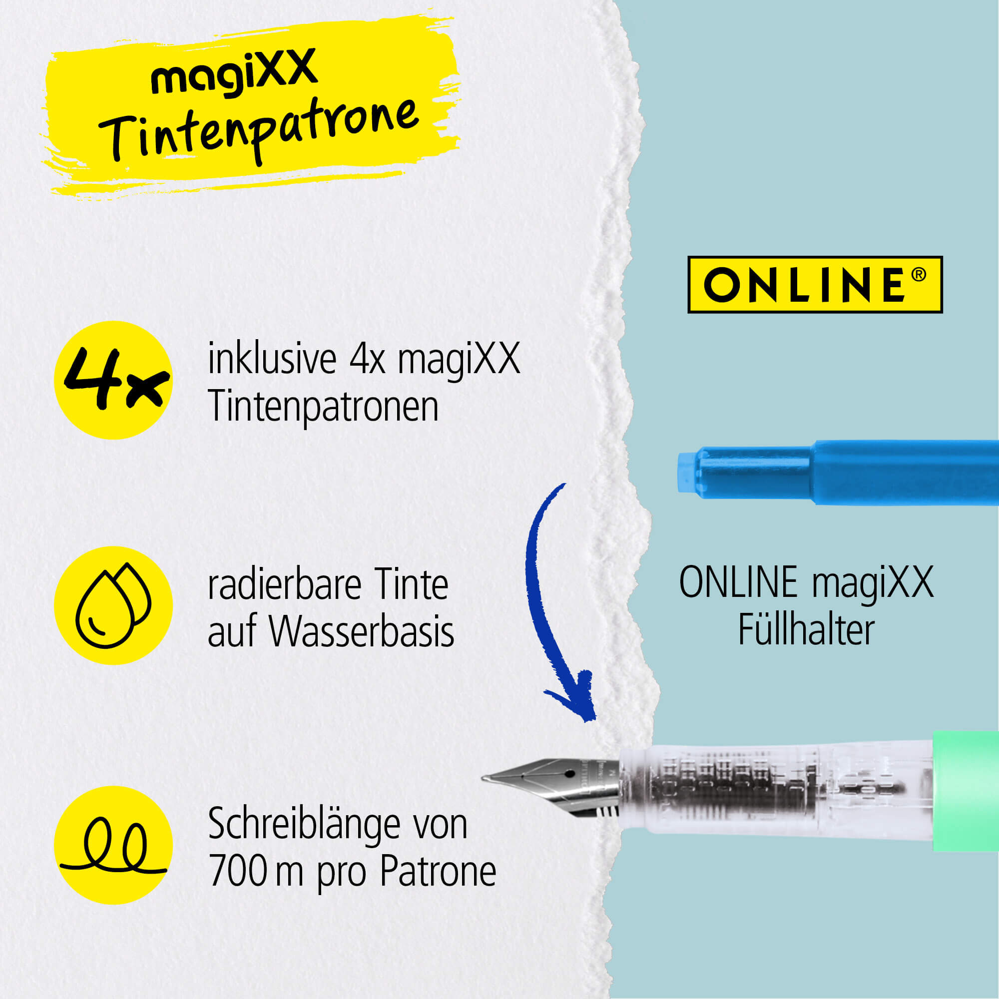 Radierbarer Füller ONLINE magiXX Turquoise Dream inkl. Tintenpatronen