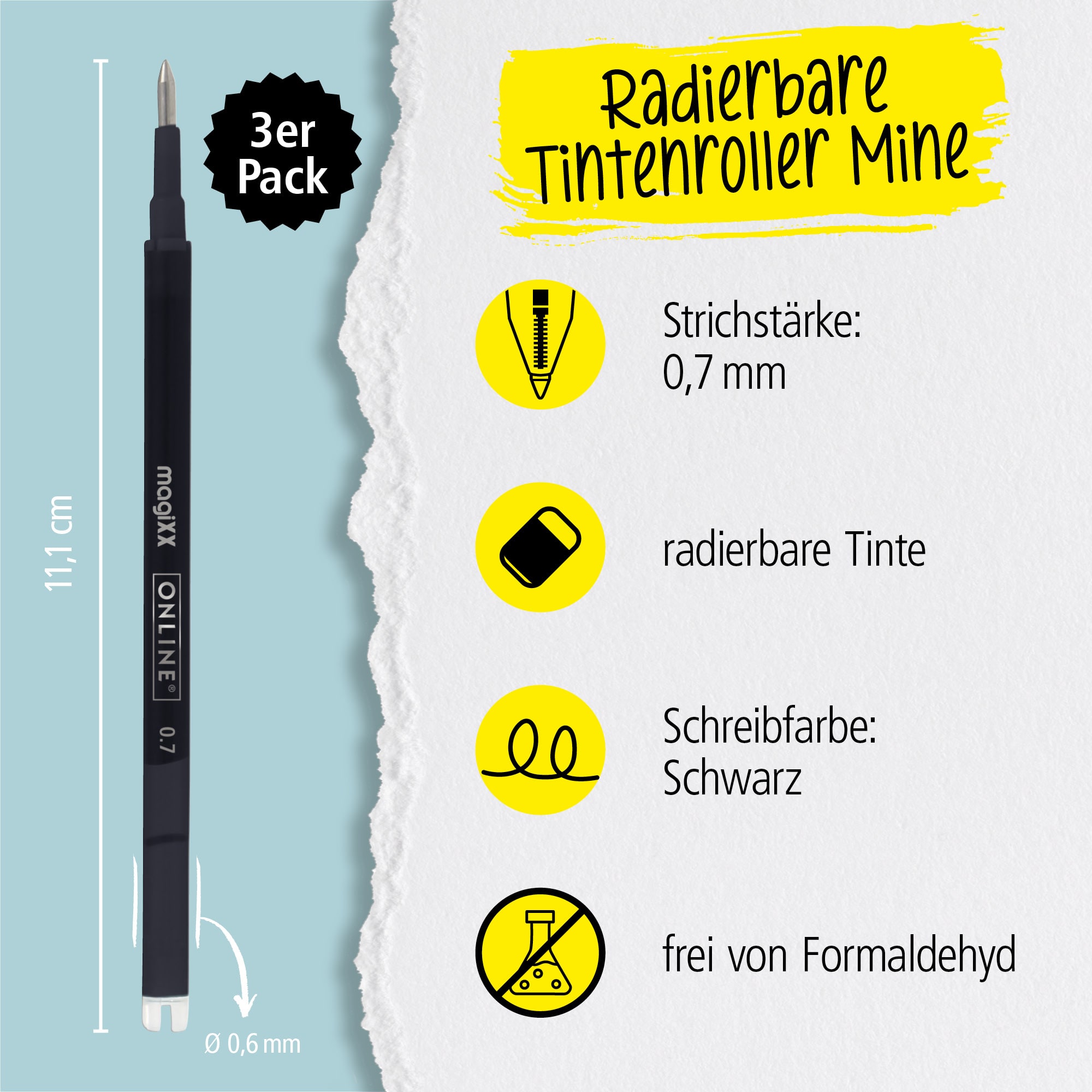 Radierbare Ersatzminen für ONLINE magiXX Gelschreiber - 0,7 mm schwarz