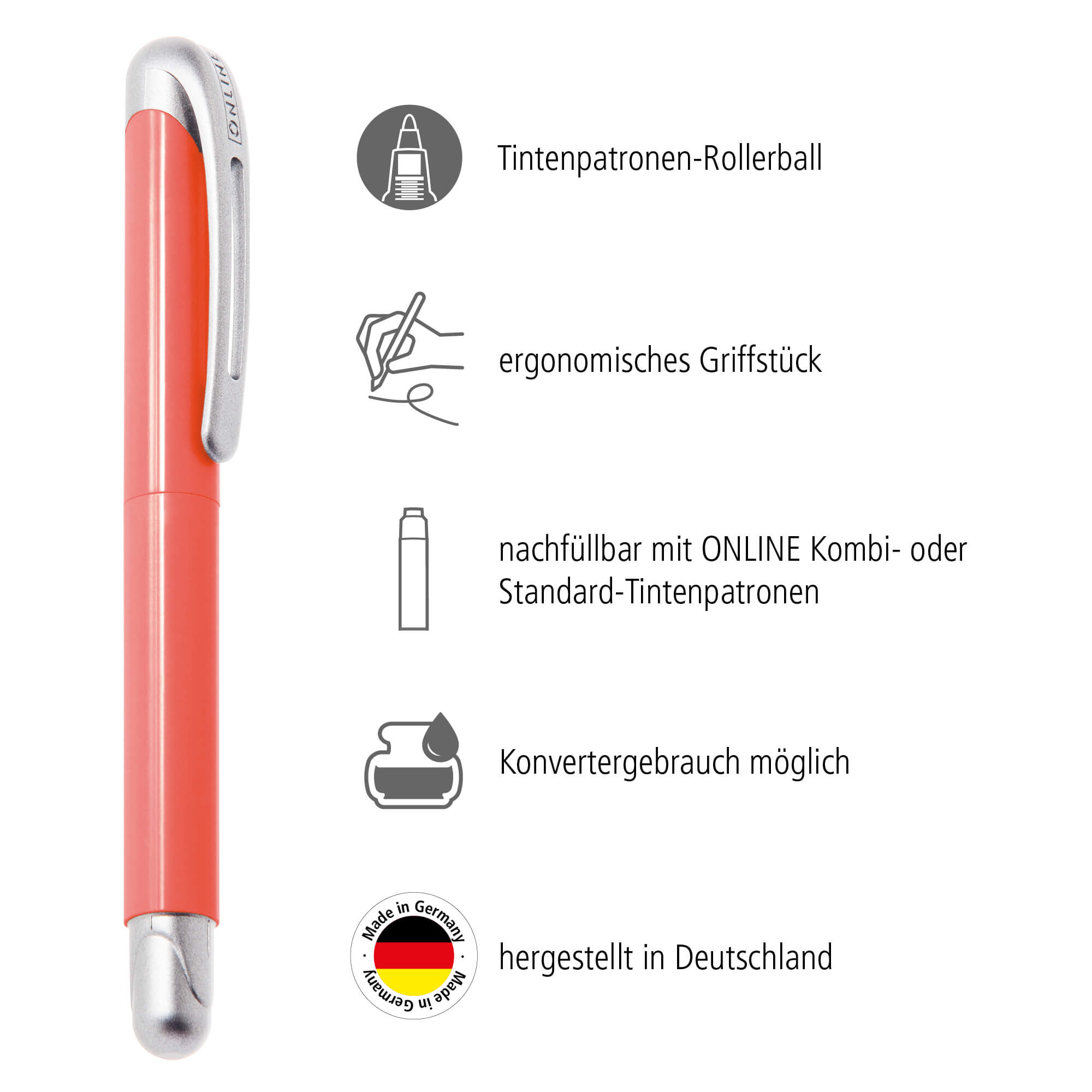 Tintenpatronen-Rollerball mit ergonomischem Griffstück, hergestellt in Deutschland