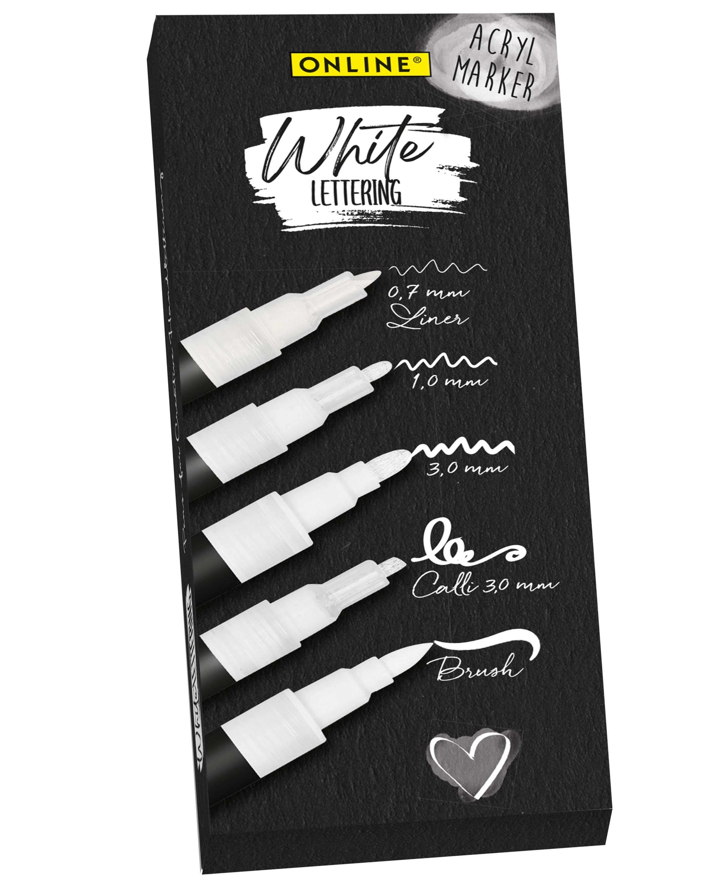 White Lettering Set mit Acryl Marker, Fineliner und Brushpen, 5 Stifte