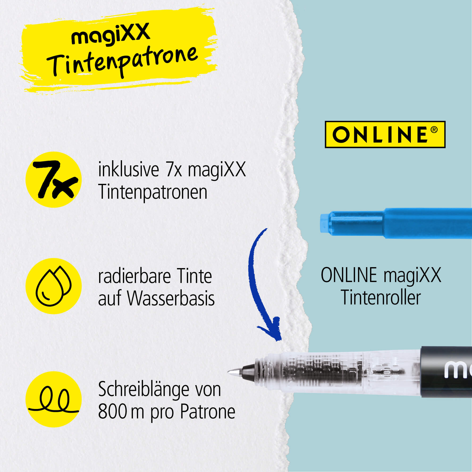 Radierbarer Patronenrollerball ONLINE magiXX Blue inkl. Tintenpatronen