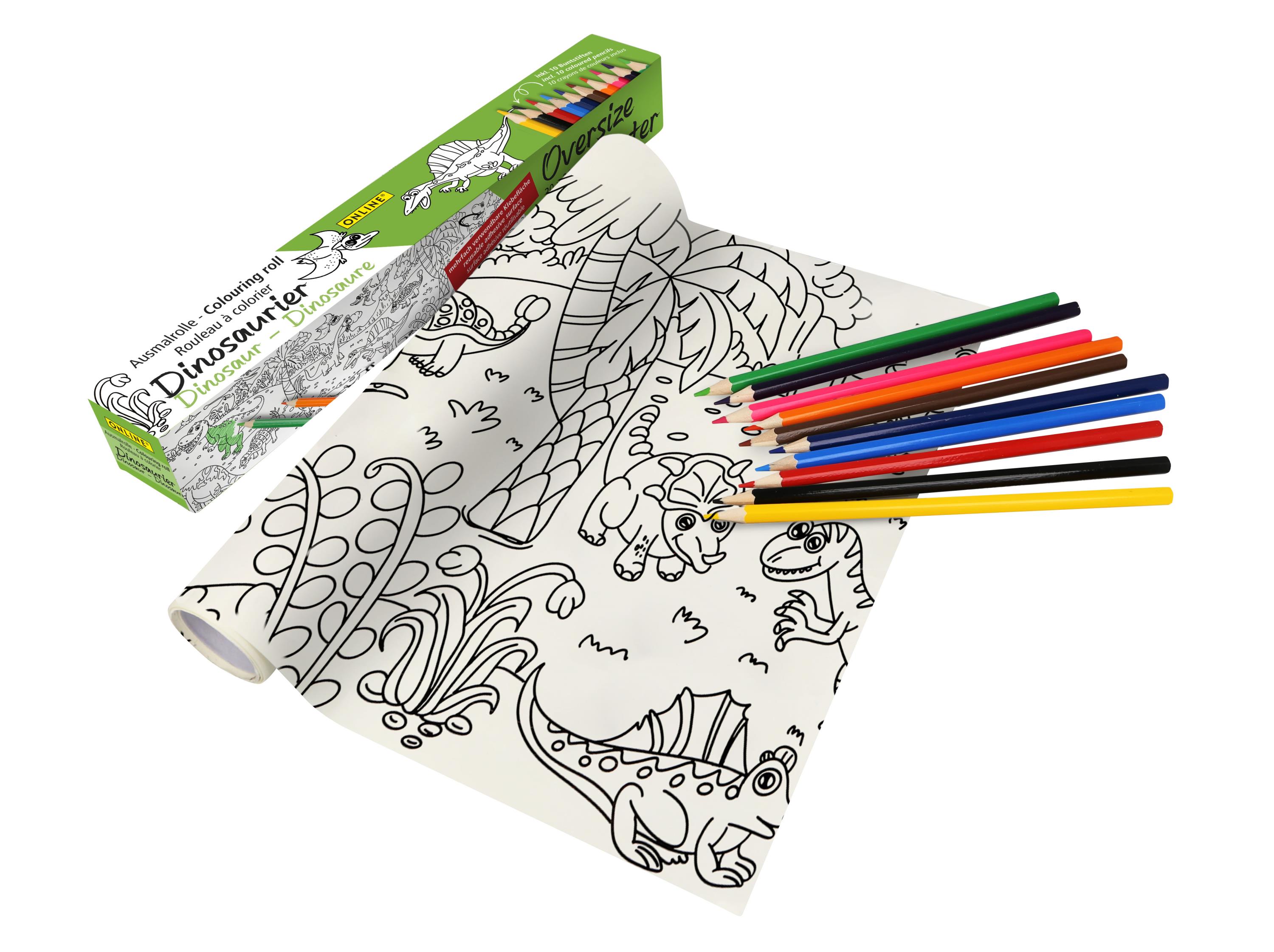 Buntstifte & Malrolle für Kinder zum Ausmalen, 30 x 200 cm, Selbstklebende Zeichenrolle mit Dino-Motiv
