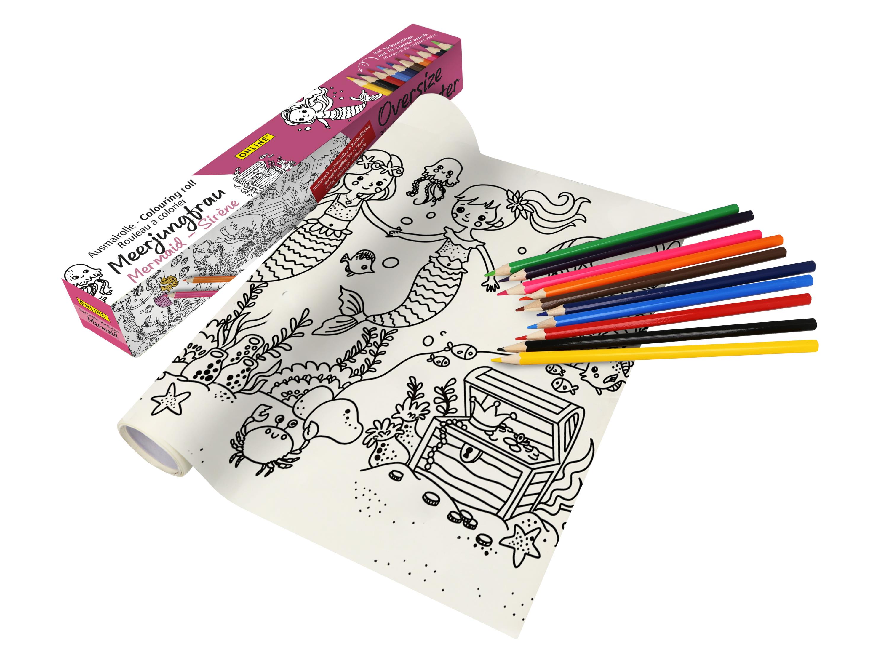 Buntstifte & Malrolle für Kinder zum Ausmalen, 30 x 200 cm, Selbstklebende Zeichenrolle mit Meerjungfrau-Motiv