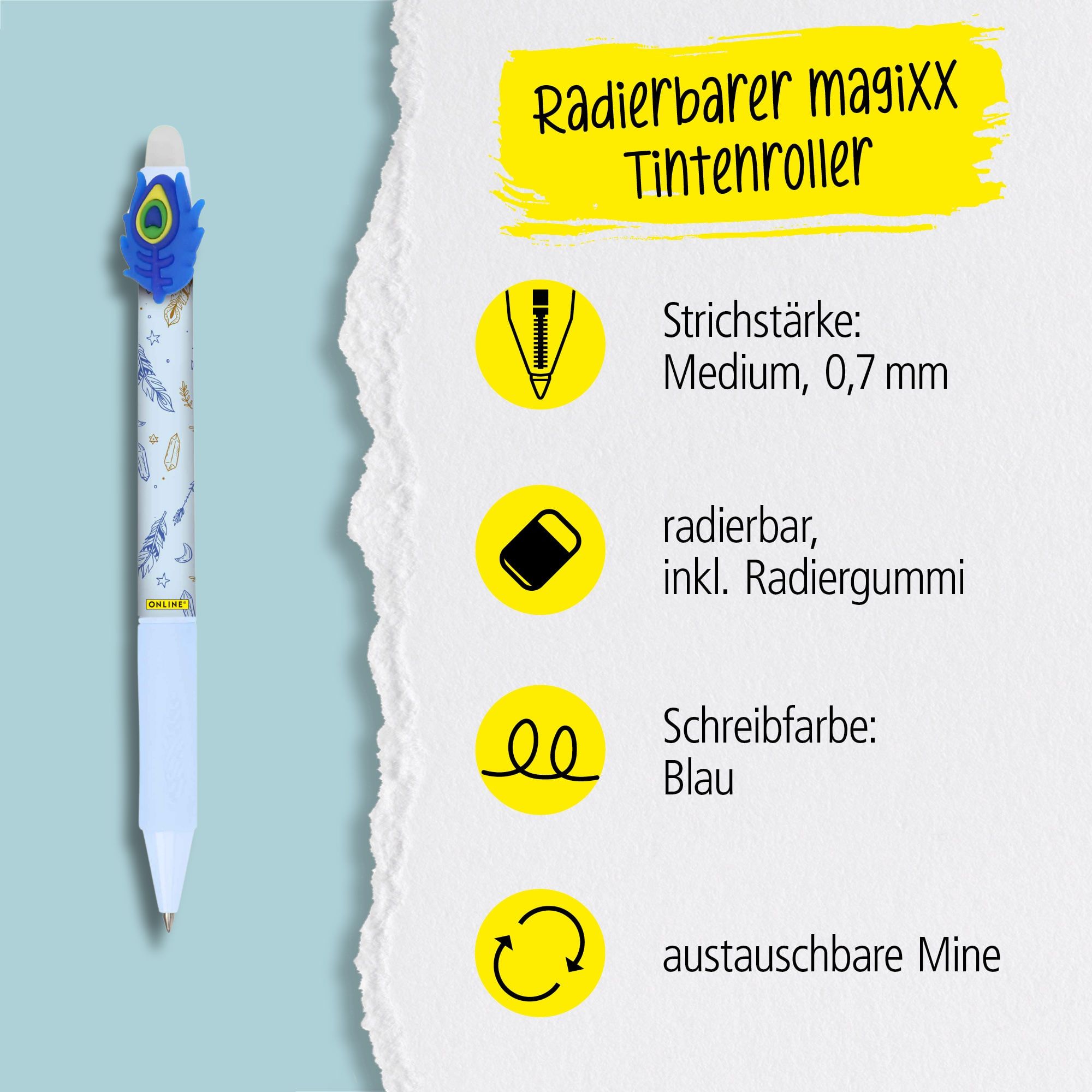 Eine austauschbare Mine und radierbare Tinte in der Schreibfarbe Blau zeichnet unsere magiXX aus