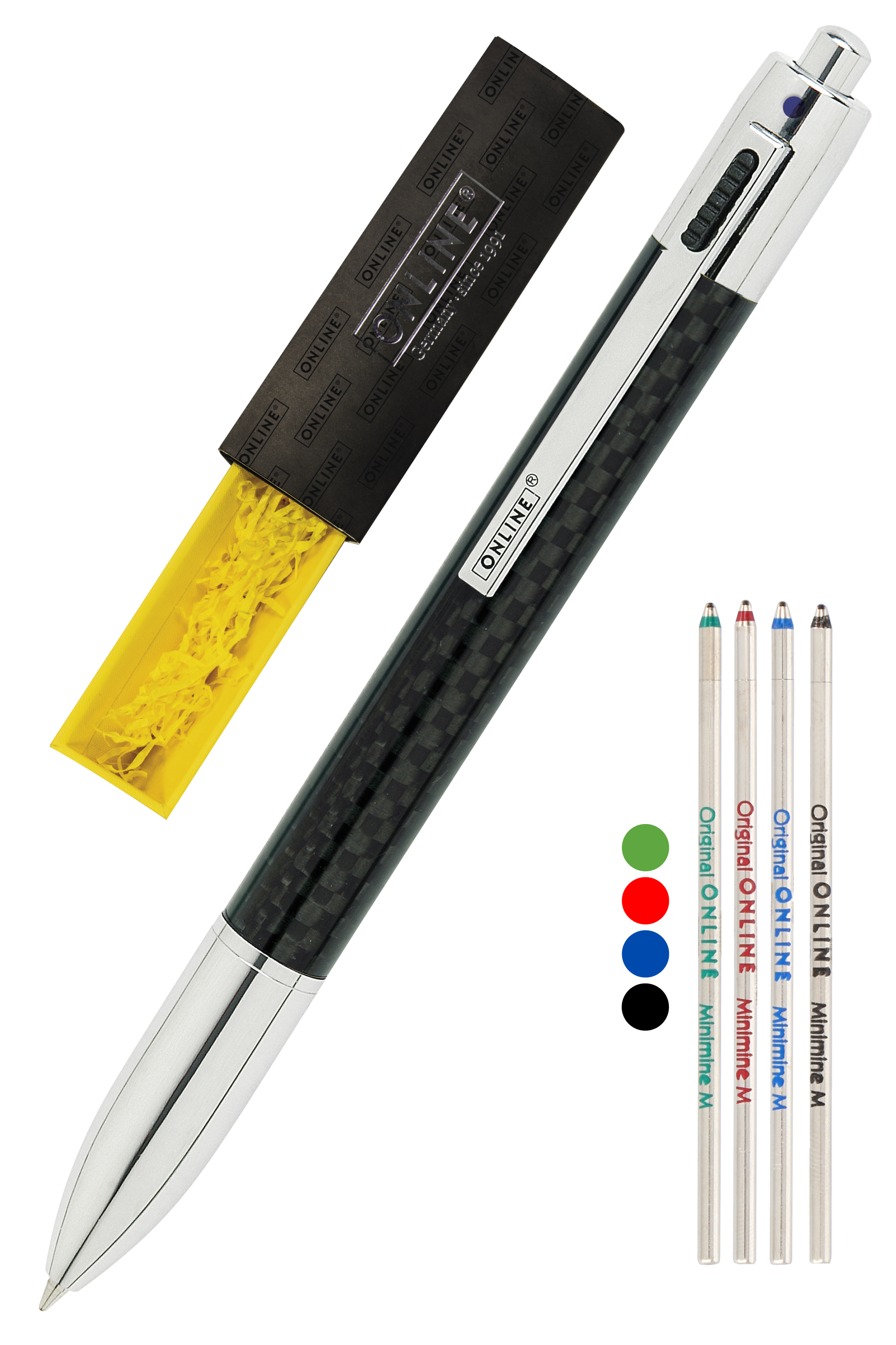 4-Farb-Carbon Kugelschreiber, inkl. Ersatzminen
