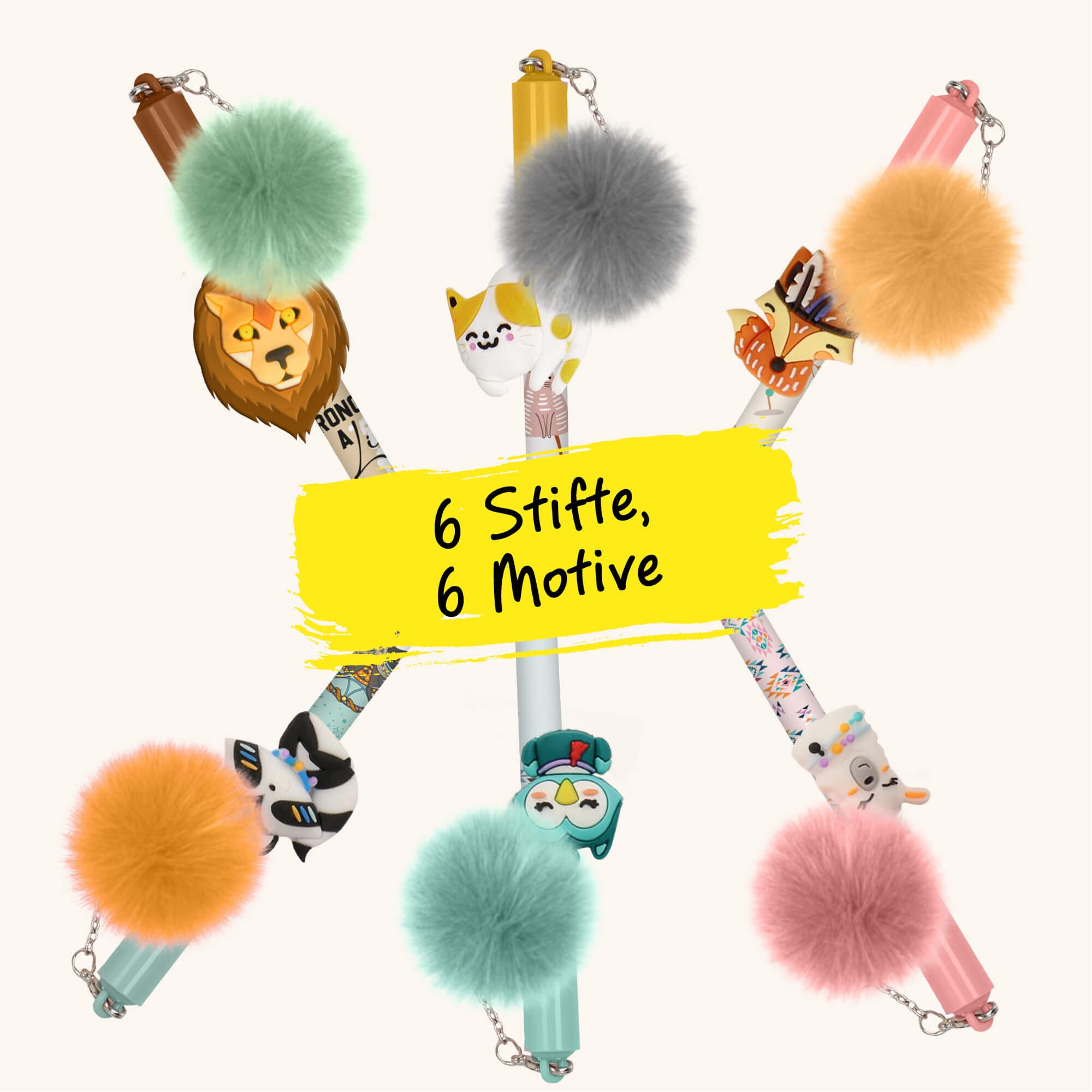 Erasable gel pens with animal motifs and pompoms