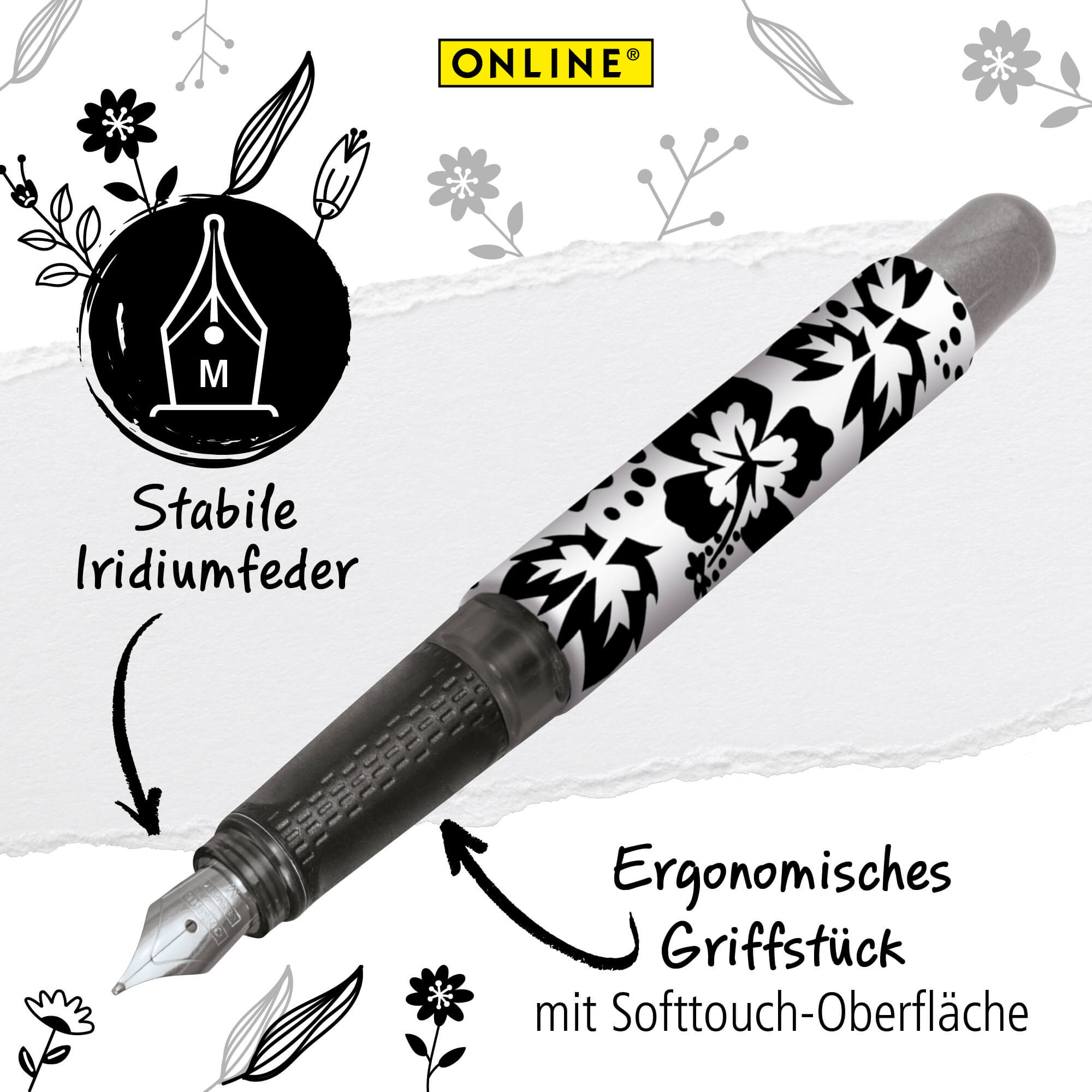 Füller mit Blumen schwarz-weiß