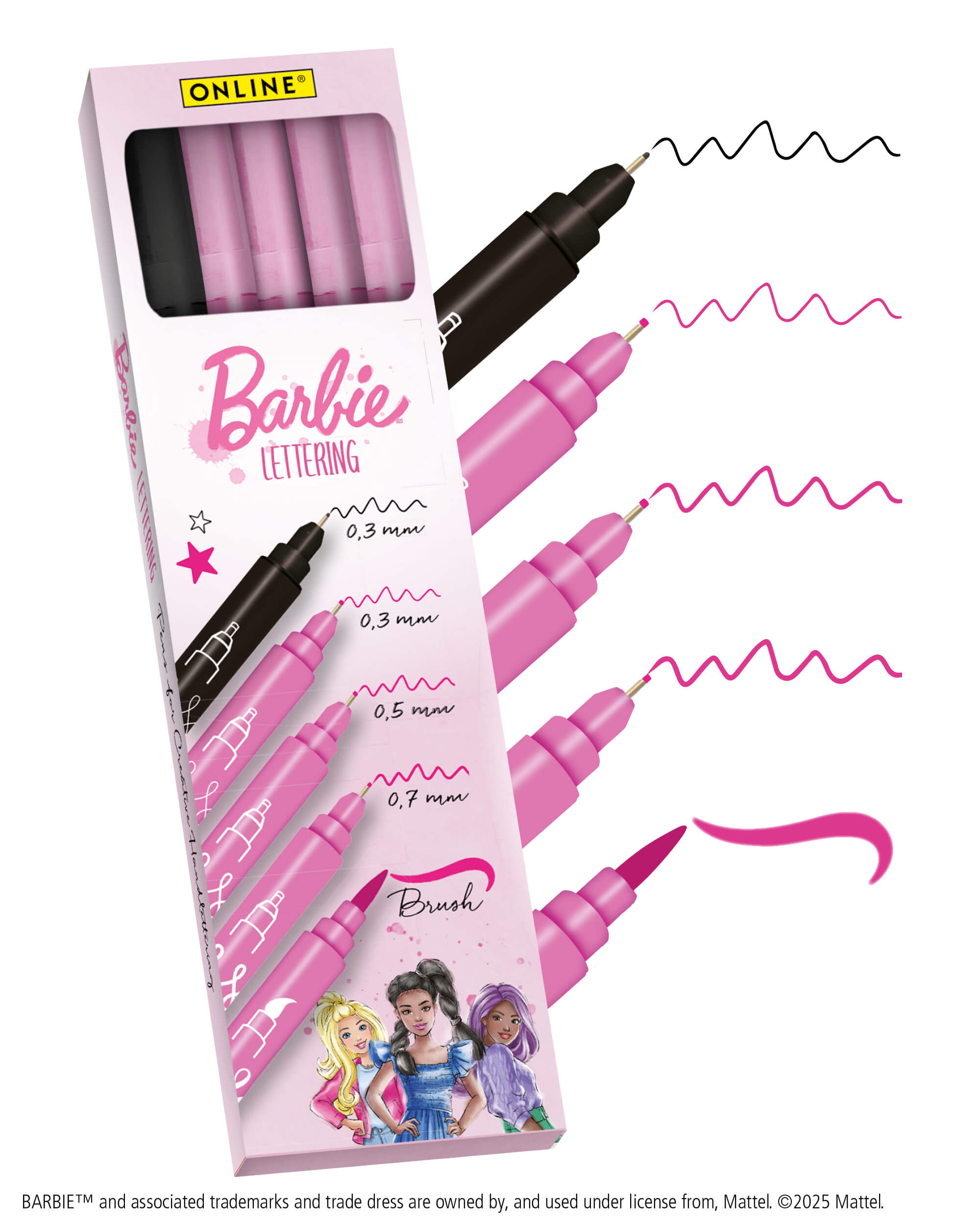 Barbie Pink Lettering Set, 5 Stifte, Fineliner und Brush Pen Barbie Pink Lettering Set, 5 Stifte, Fineliner und Brush Pen