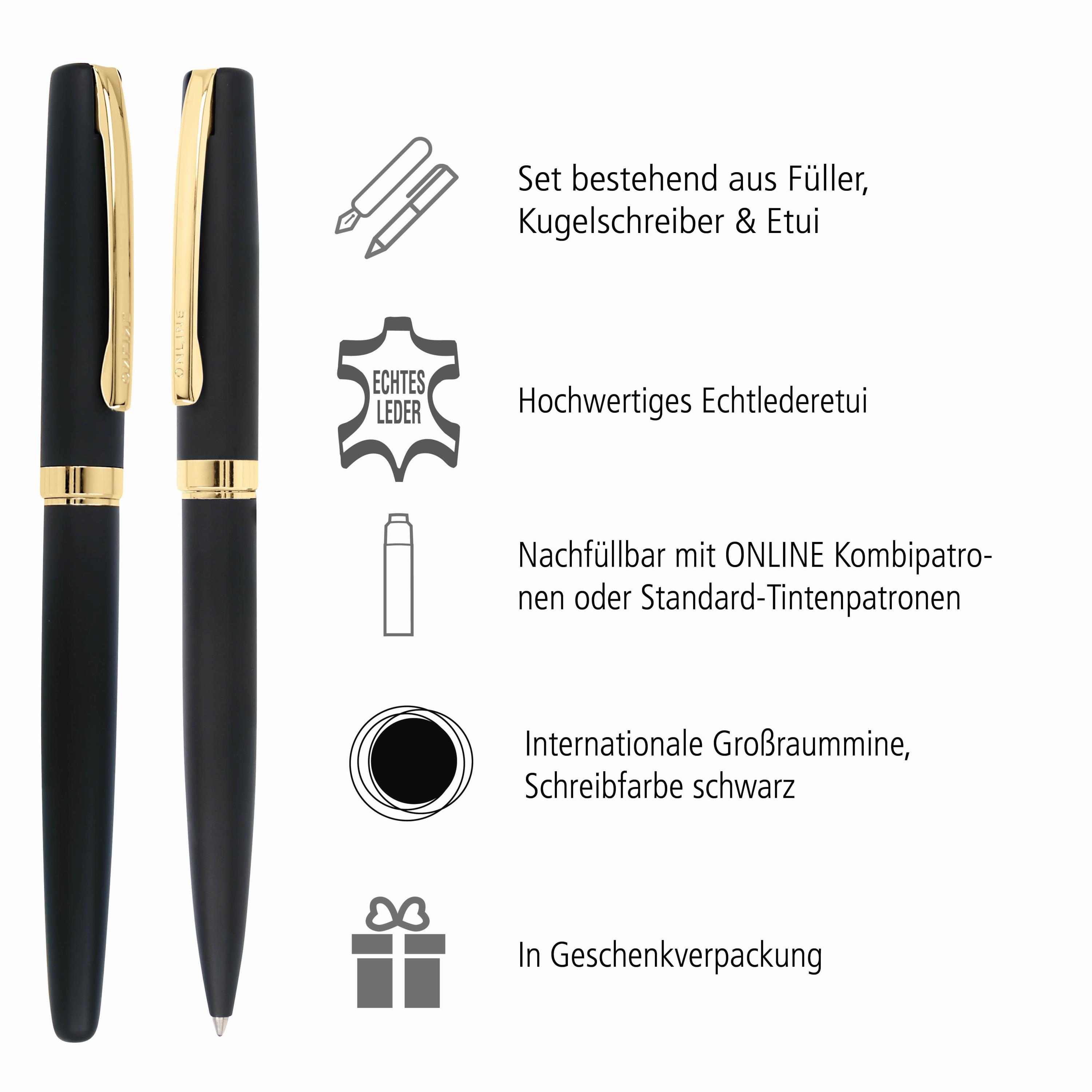Eleganza Füller & Kugelschreiber Black Gold, inkl. Lederetui in Geschenkbox