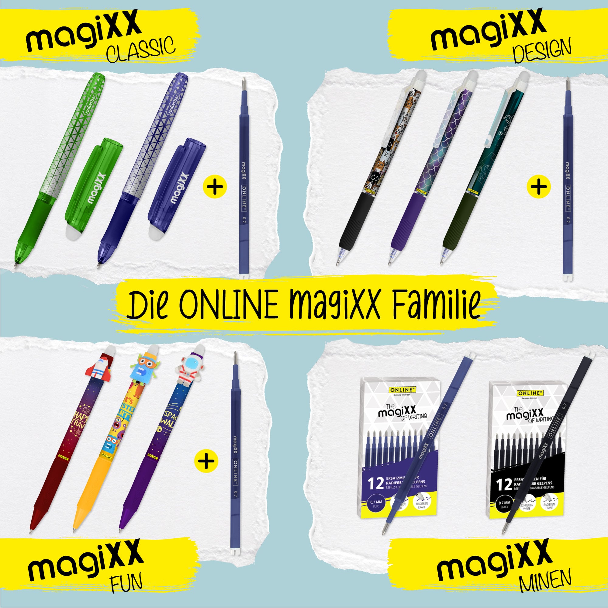 Entdecke die ONLINE magiXX Familie mit vielseitigen radierbaren Schreibgeräten
