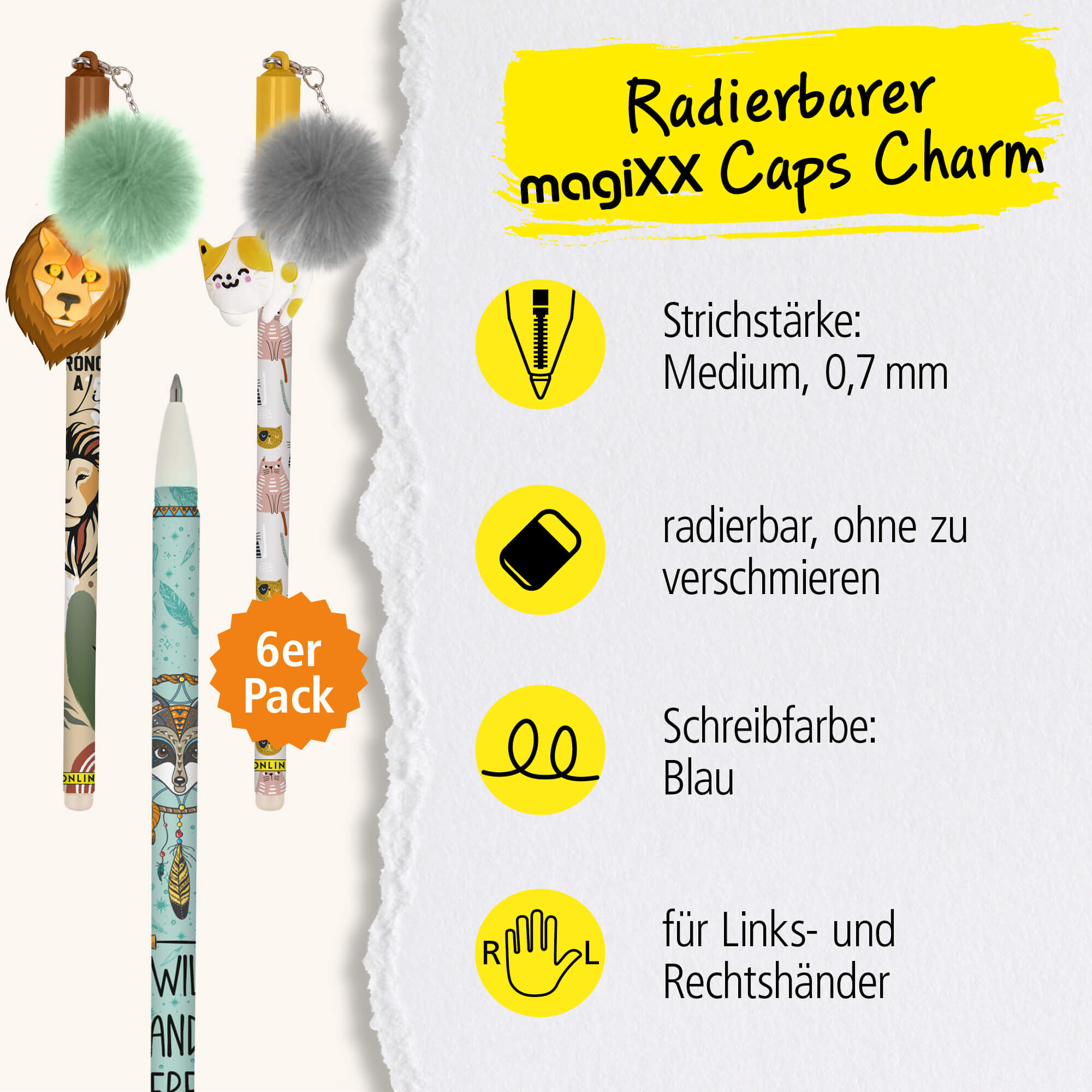 Erasable gel pens with animal motifs and pompoms