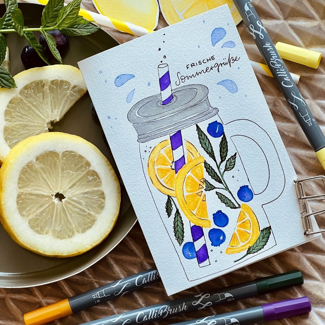 Sommergrußkarte mit Calli.Brush und Zitronen